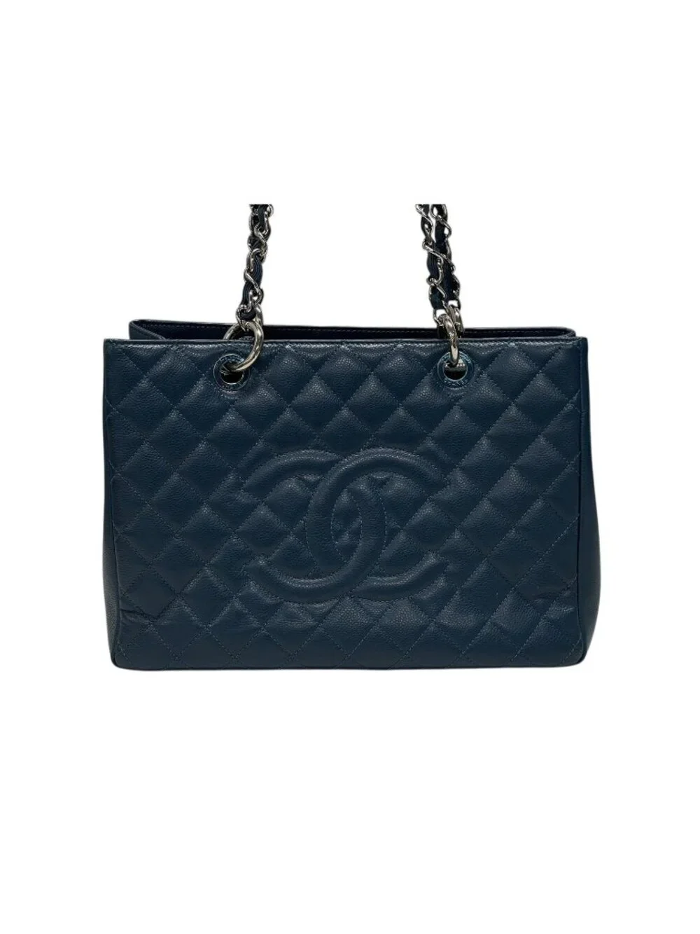 Chanel Grand Shopping Tote Bag GST Chain Caviar Leather CC Logo Navy Silver